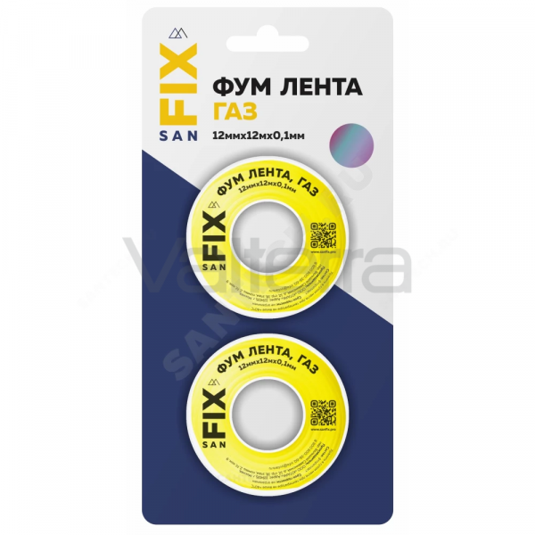 Лента ФУМ PTFE 12ммх0,1ммх12м катушка цвет: желтый среда: газ SANFIX
