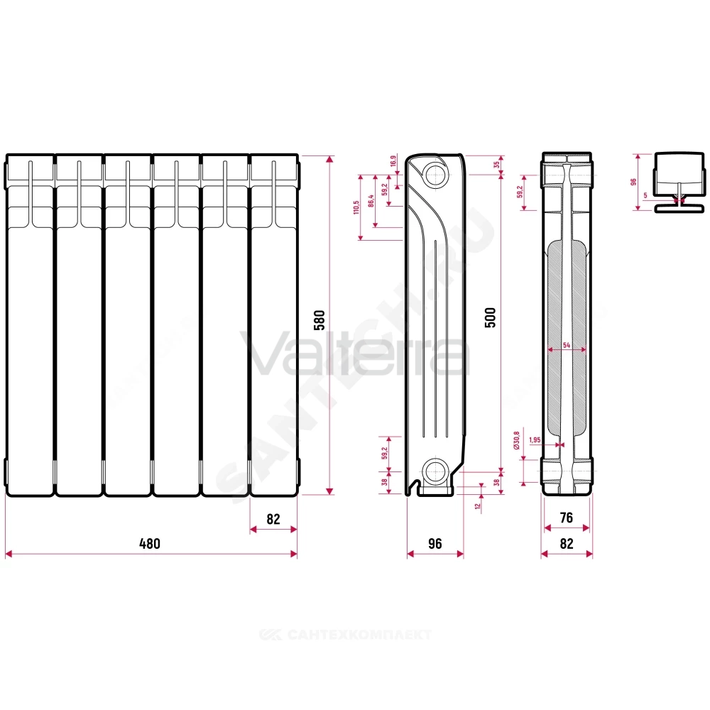 Радиатор секционный алюминиевый Alpha S500A2 RAL 9016 (белый) Ogint