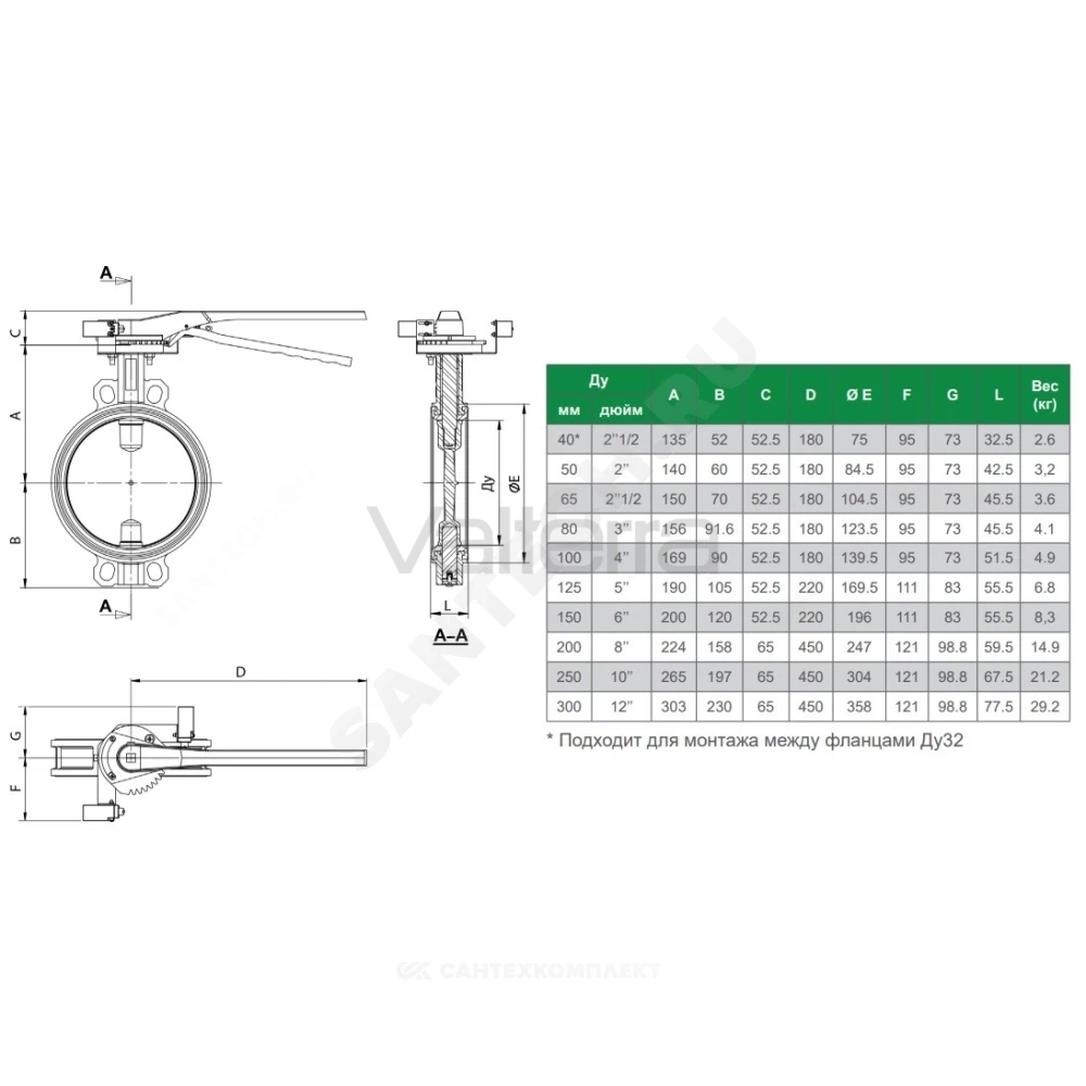 Затвор дисковый поворотный чугун VPI4448R2C-02EP Ру16 межфл с рукояткой для систем пожаротушения Tecofi