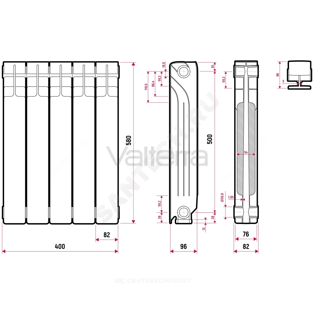 Радиатор секционный алюминиевый Alpha S500A2 RAL 9016 (белый) Ogint